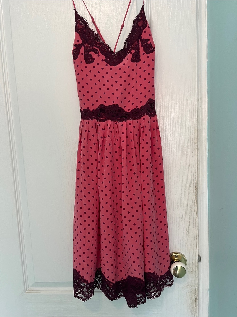 Betsey Johnson Pink Polka Dot Lace Trim Slip Dress